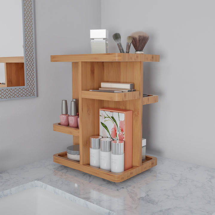 Makeup Organizer  Rotating Eco-Friendly Compact Modern Bamboo Skincare Cosmetic and Vanity Carousel Image 3