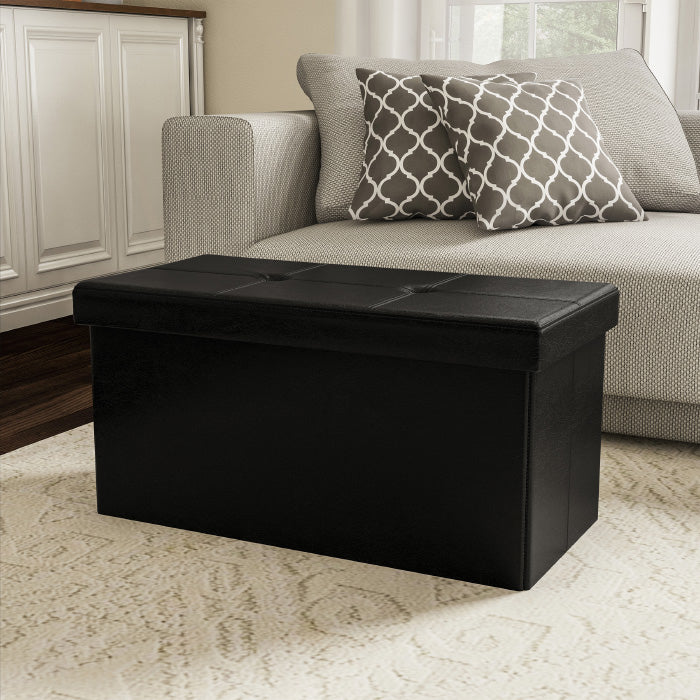 Black Foldable Storage Bench Ottoman 30x15 Tufted Faux Leather Cube Organizer Image 1