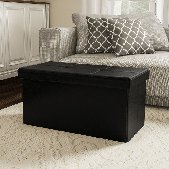 Black Foldable Storage Bench Ottoman 30x15 Tufted Faux Leather Cube Organizer Image 2