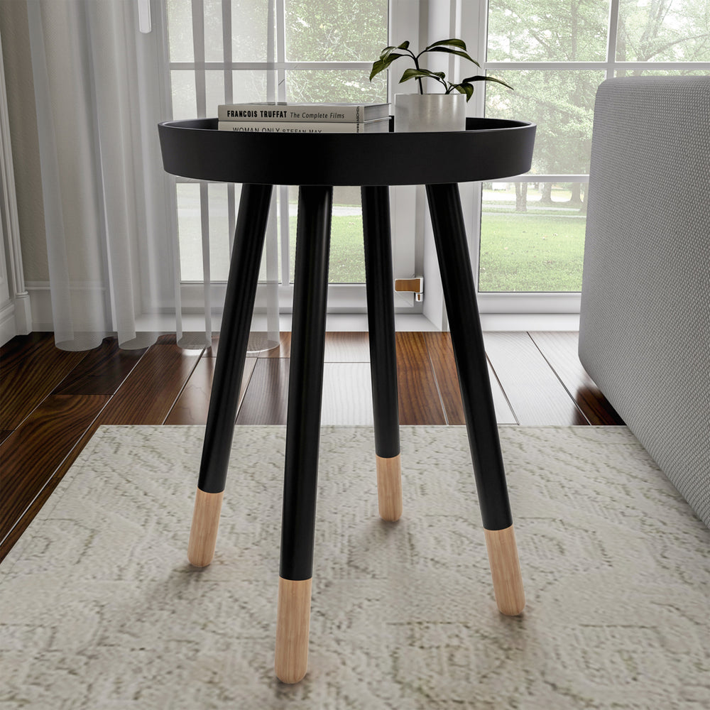 Black End Table Round Mid-Century Modern Wooden Contemporary Decor Display and Home Accent Table Image 2