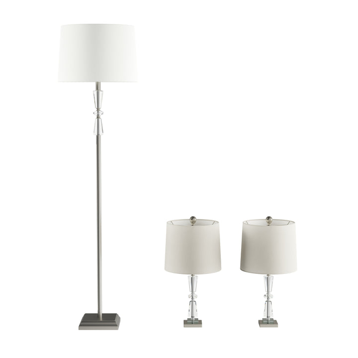 Crystal Double Tiered Lamps with Shades-Set of 3 Faceted Brushed Silver Base Matching Table and Floor Lamps Image 3