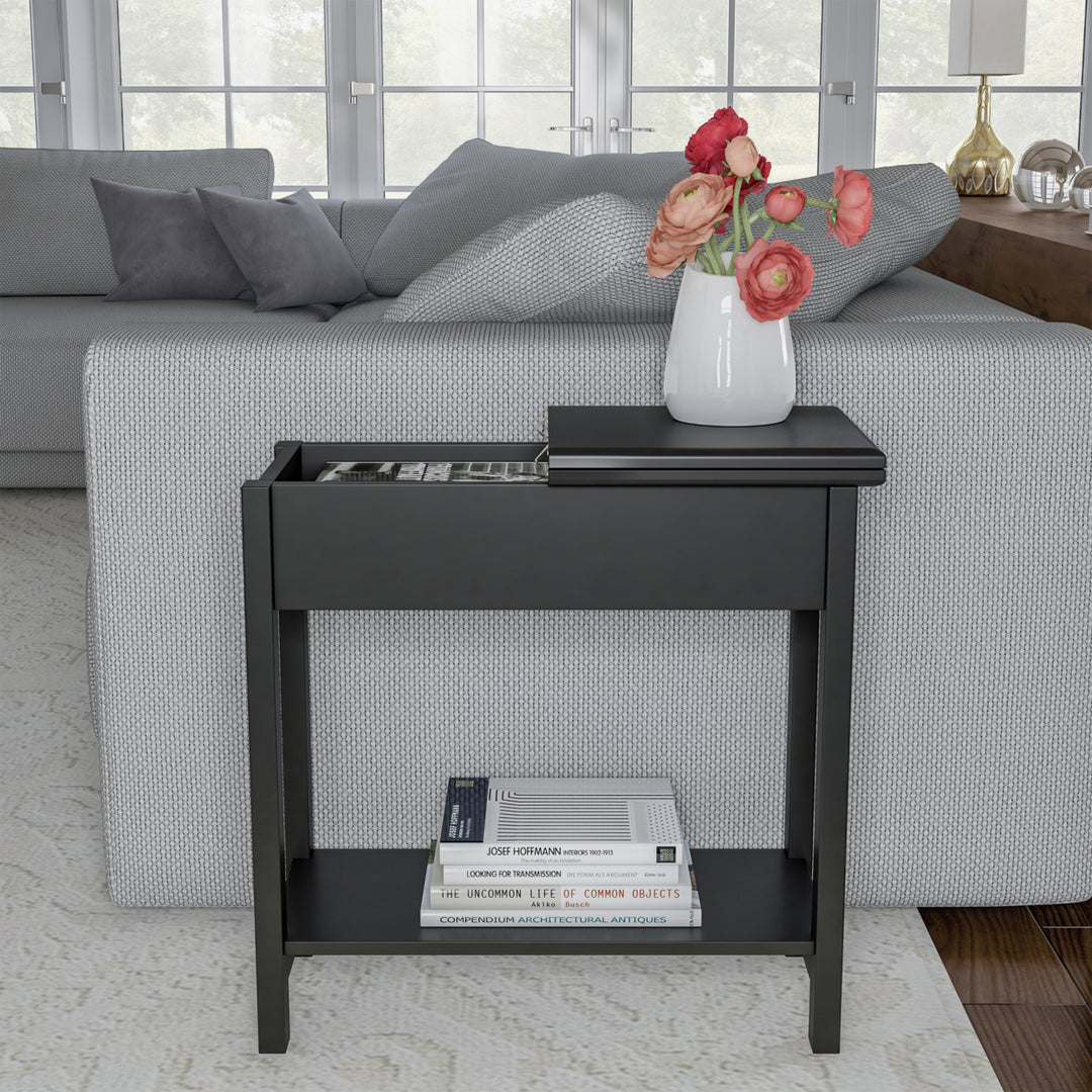 Flip Top End Table-Slim Side Console with Hidden Hinged Storage Compartment and Lower Shelf Image 2
