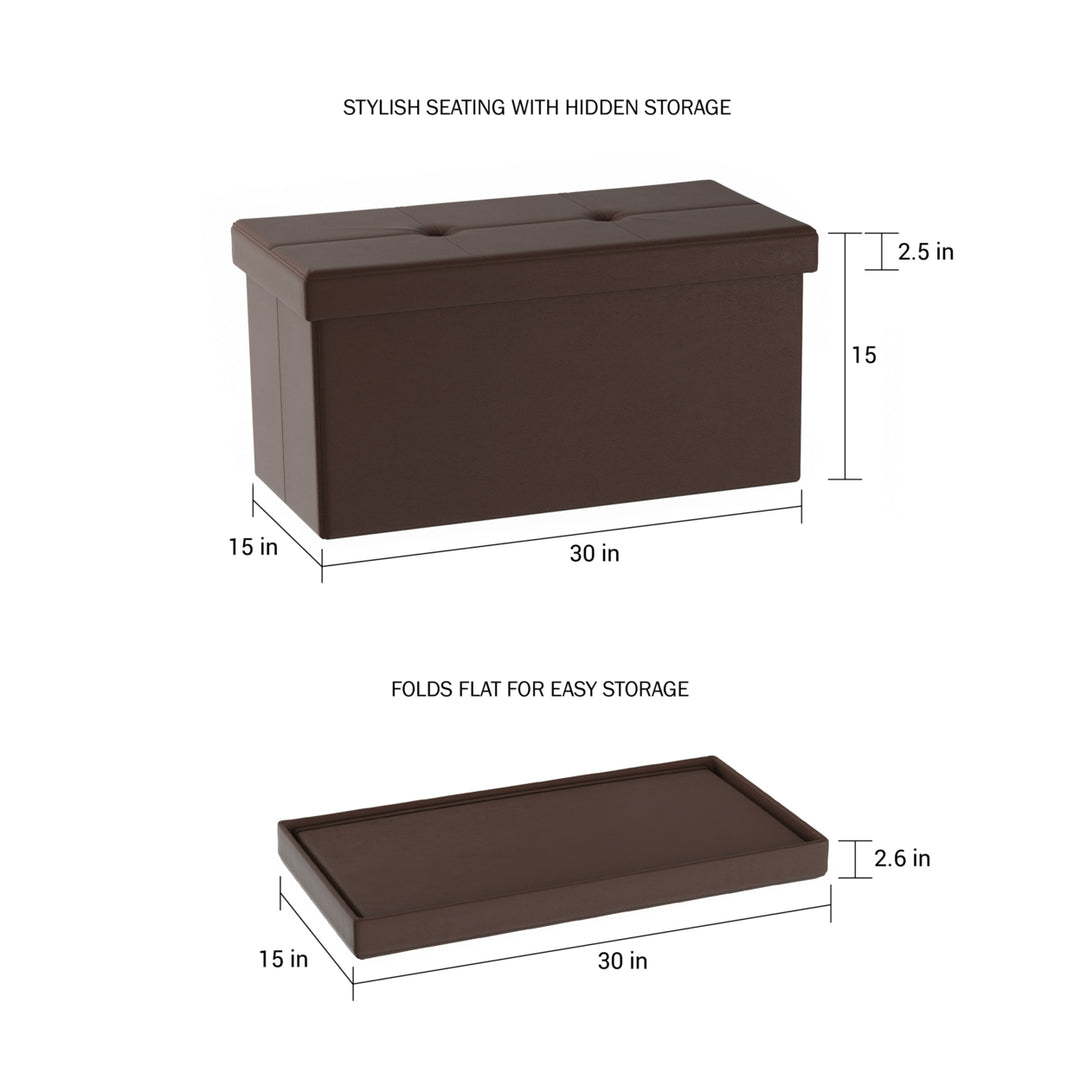 Large Brown Foldable Storage Bench Ottoman Tufted Faux Leather 30x15 Inch Image 4