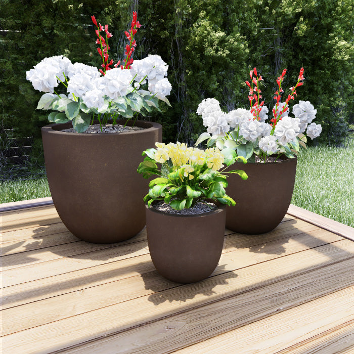 Set of 3 Large Fiber Clay Planters  Antique Brown Weather Resistant Modern Round Outdoor Potting and Replanting Pots Image 1