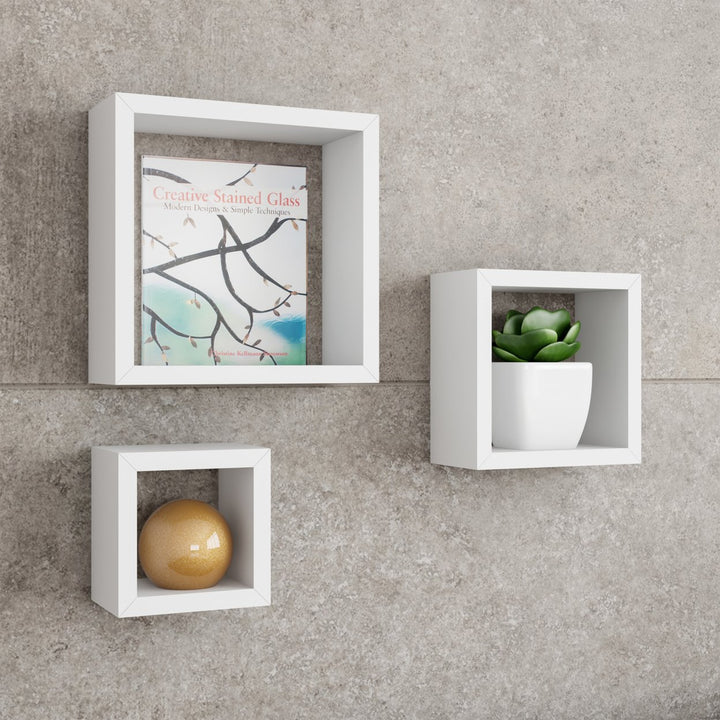 Set of 3 White Floating Shelves- Cube Wall Shelf Set with Hidden Brackets Display Decor, Books, Photos, More Image 2