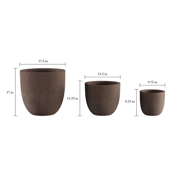 Set of 3 Large Fiber Clay Planters  Antique Brown Weather Resistant Modern Round Outdoor Potting and Replanting Pots Image 3