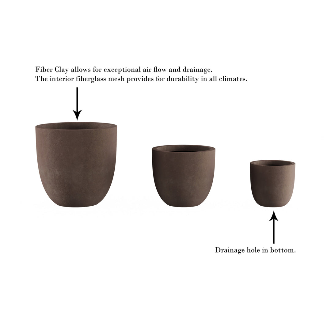 Set of 3 Large Fiber Clay Planters  Antique Brown Weather Resistant Modern Round Outdoor Potting and Replanting Pots Image 4