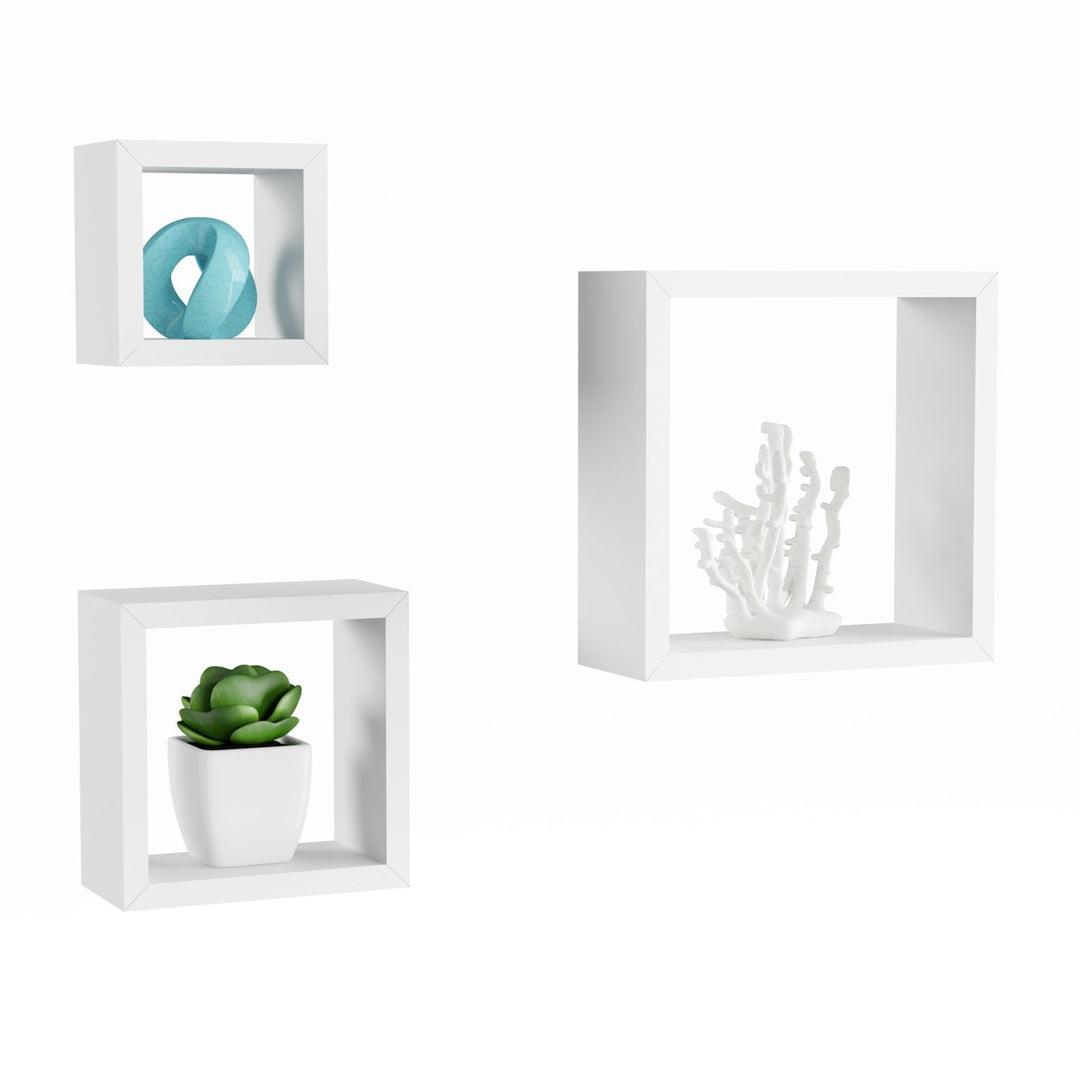 Set of 3 White Floating Shelves- Cube Wall Shelf Set with Hidden Brackets Display Decor, Books, Photos, More Image 3