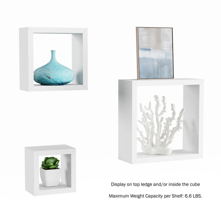 Set of 3 White Floating Shelves- Cube Wall Shelf Set with Hidden Brackets Display Decor, Books, Photos, More Image 5