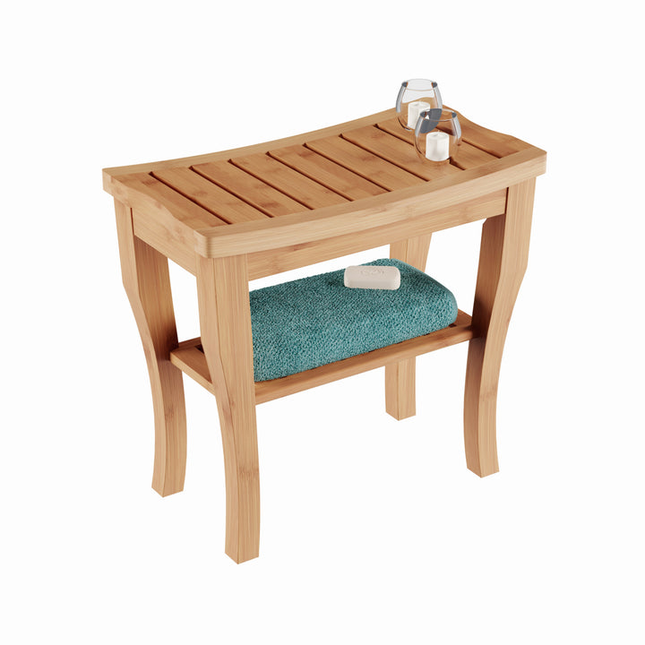 Shower Bench-Water Resistant Natural Eco-Friendly Bamboo with Storage Shelf for Bathroom, Spa or Sauna Decor Image 3