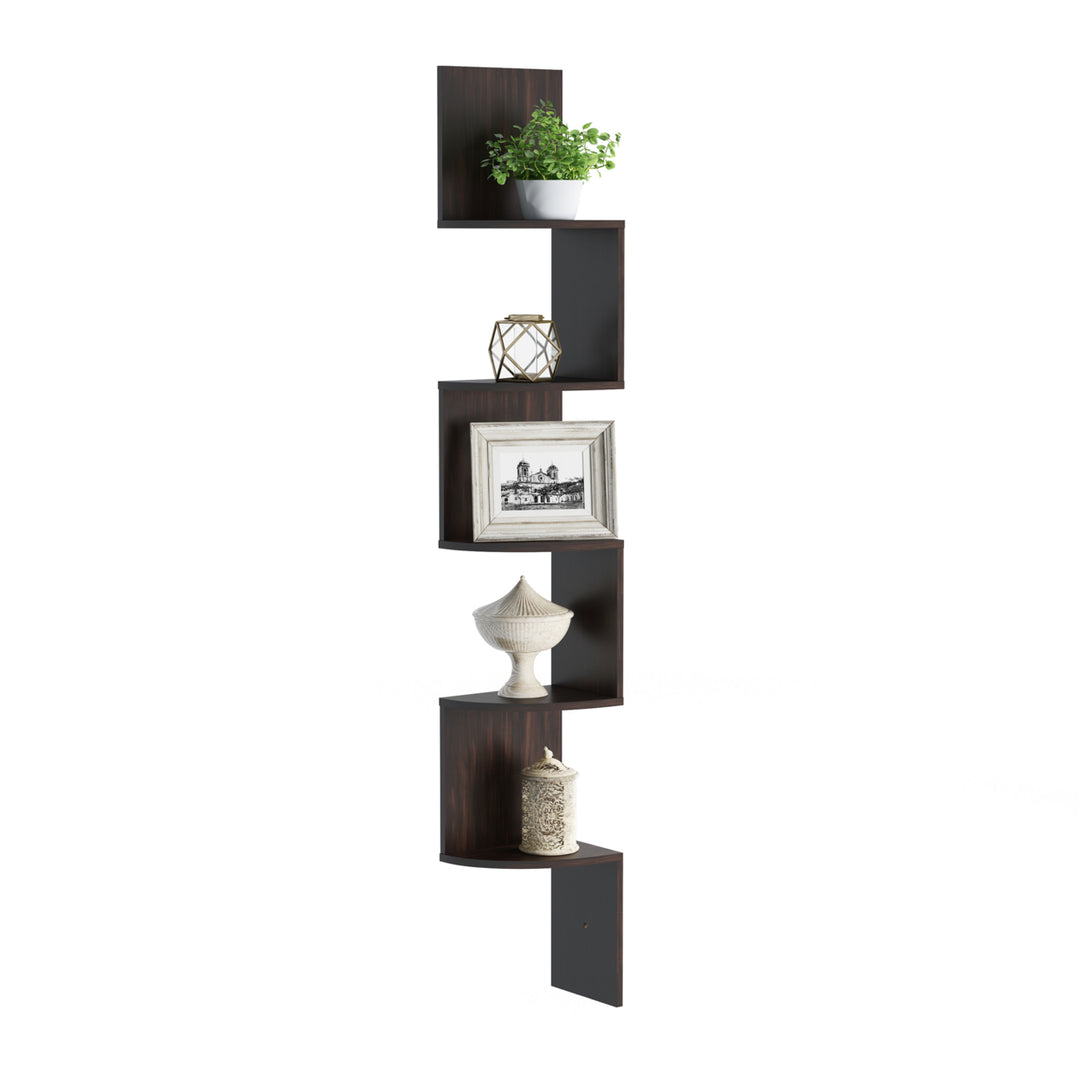 Tall Brown Floating Corner Shelf 5 Tier MDF Wall Shelves Zig-Zag Design 48.5" Image 3