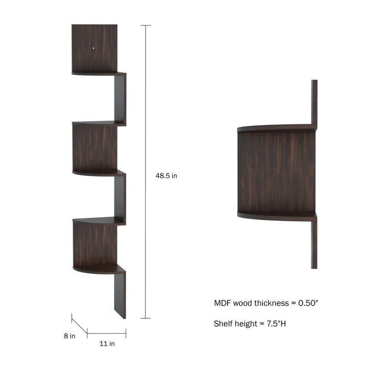 Tall Brown Floating Corner Shelf 5 Tier MDF Wall Shelves Zig-Zag Design 48.5" Image 4