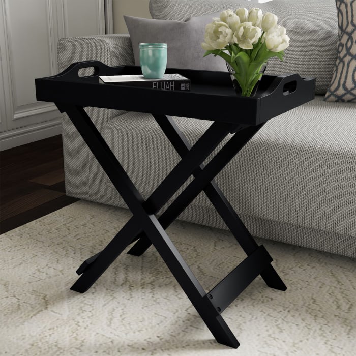 Folding Wooden TV Tray End Table Removable Tray Matte Black Living Room Accent Image 1