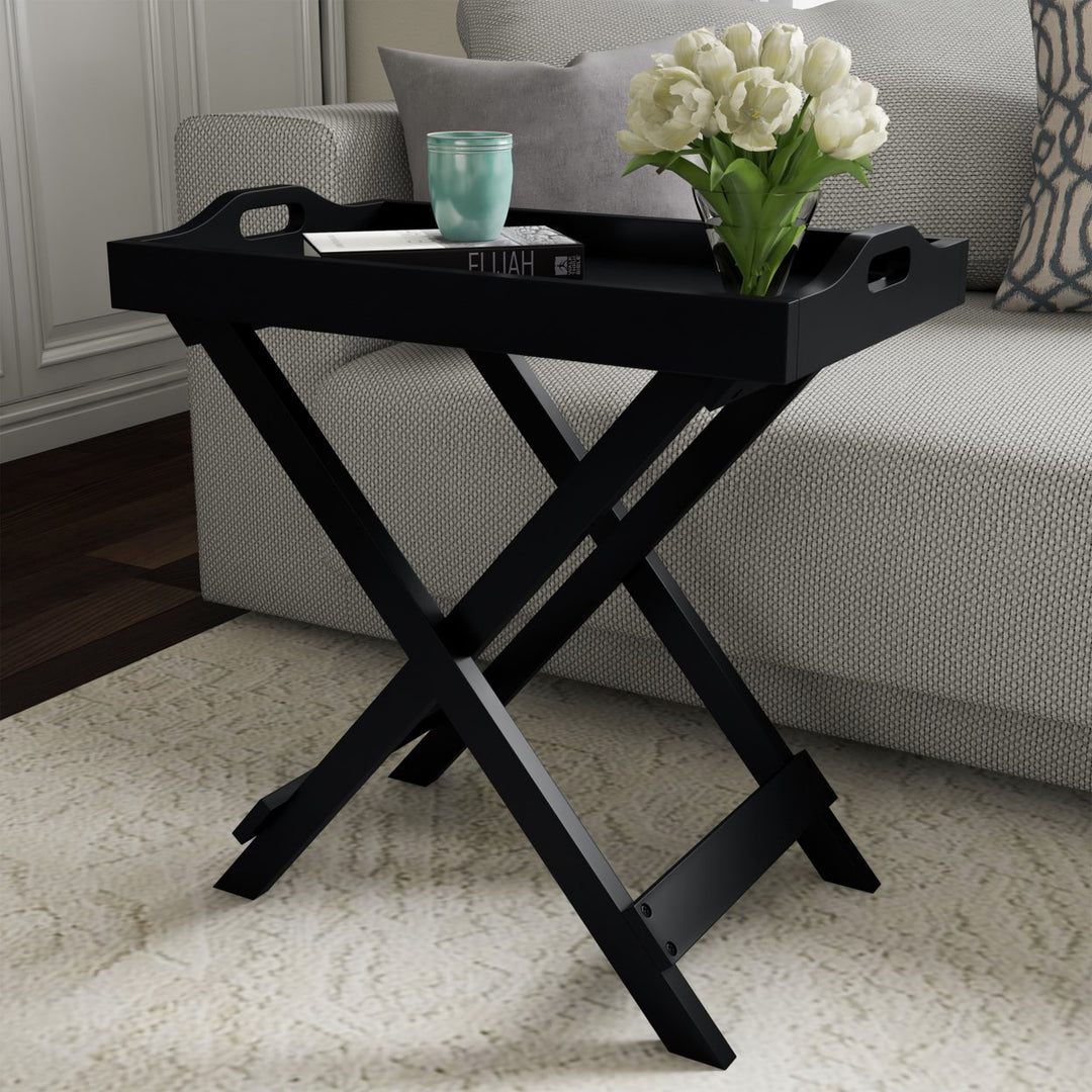 Folding Wooden TV Tray End Table Removable Tray Matte Black Living Room Accent Image 2