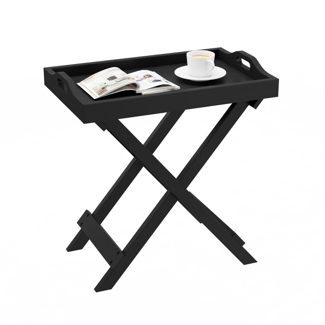 Folding Wooden TV Tray End Table Removable Tray Matte Black Living Room Accent Image 3