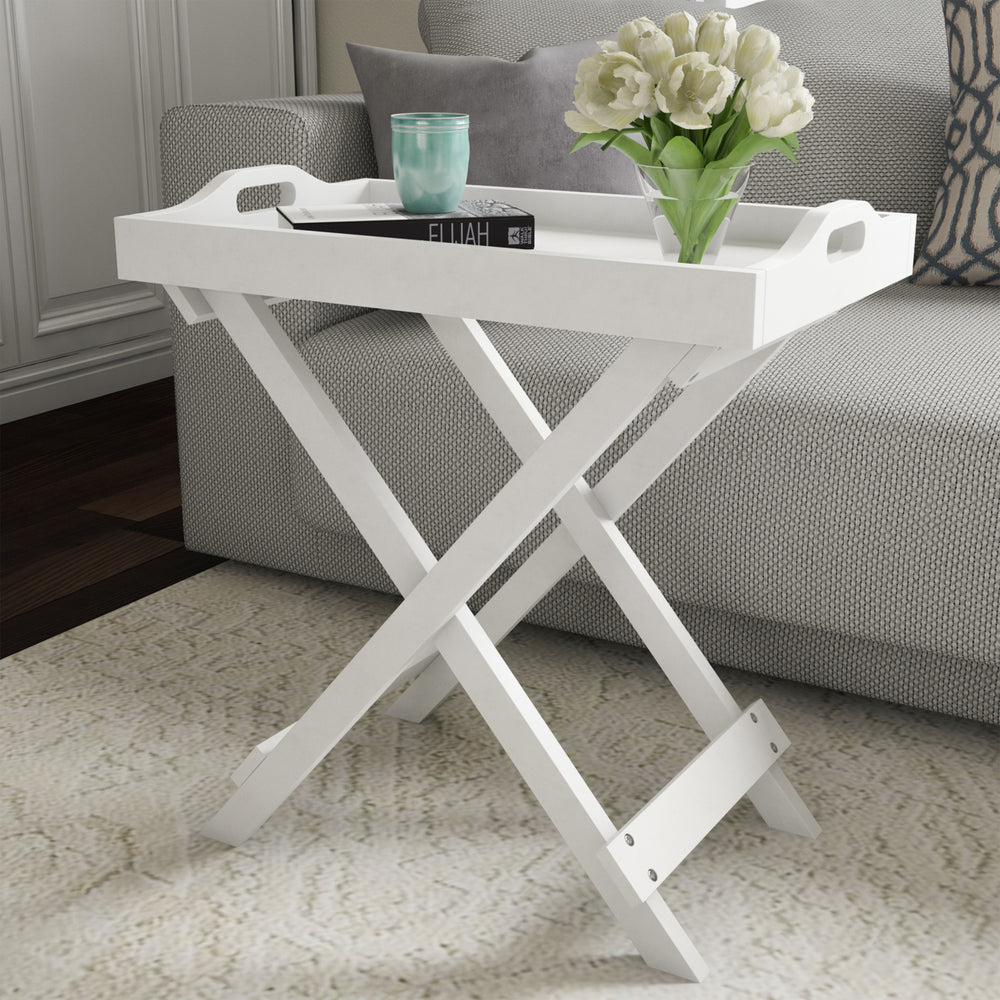 White TV Tray End Table Folding Modern Wooden Decor Display and Home Accent Table with Removable Tray Top Image 2