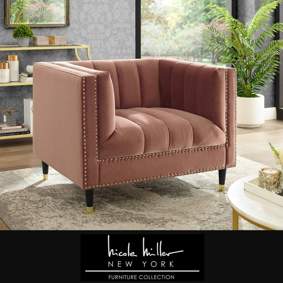 Geoffey Velvet Club Chair or Sofa-Channel Tufted-Nailhead Trim-Metal Tip Legs-By Nicole Miller Image 1