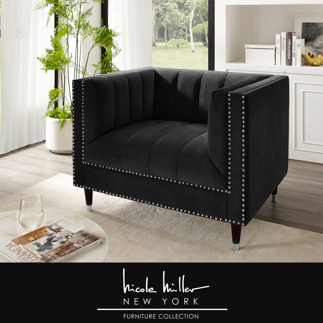 Geoffey Velvet Club Chair or Sofa-Channel Tufted-Nailhead Trim-Metal Tip Legs-By Nicole Miller Image 3