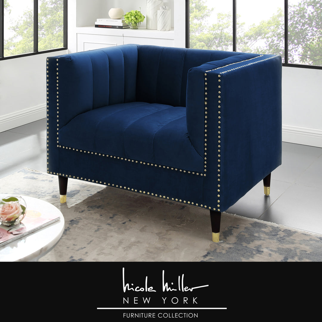 Geoffey Velvet Club Chair or Sofa-Channel Tufted-Nailhead Trim-Metal Tip Legs-By Nicole Miller Image 7