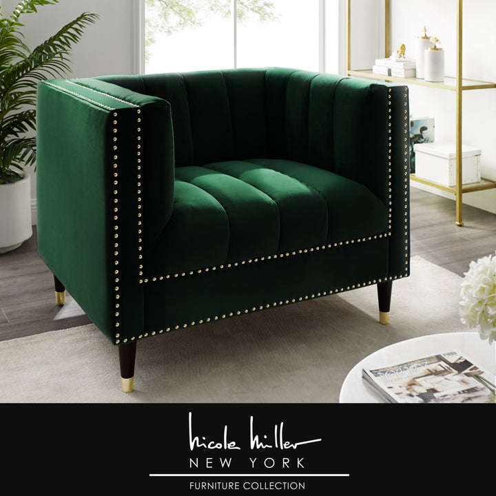 Geoffey Velvet Club Chair or Sofa-Channel Tufted-Nailhead Trim-Metal Tip Legs-By Nicole Miller Image 9