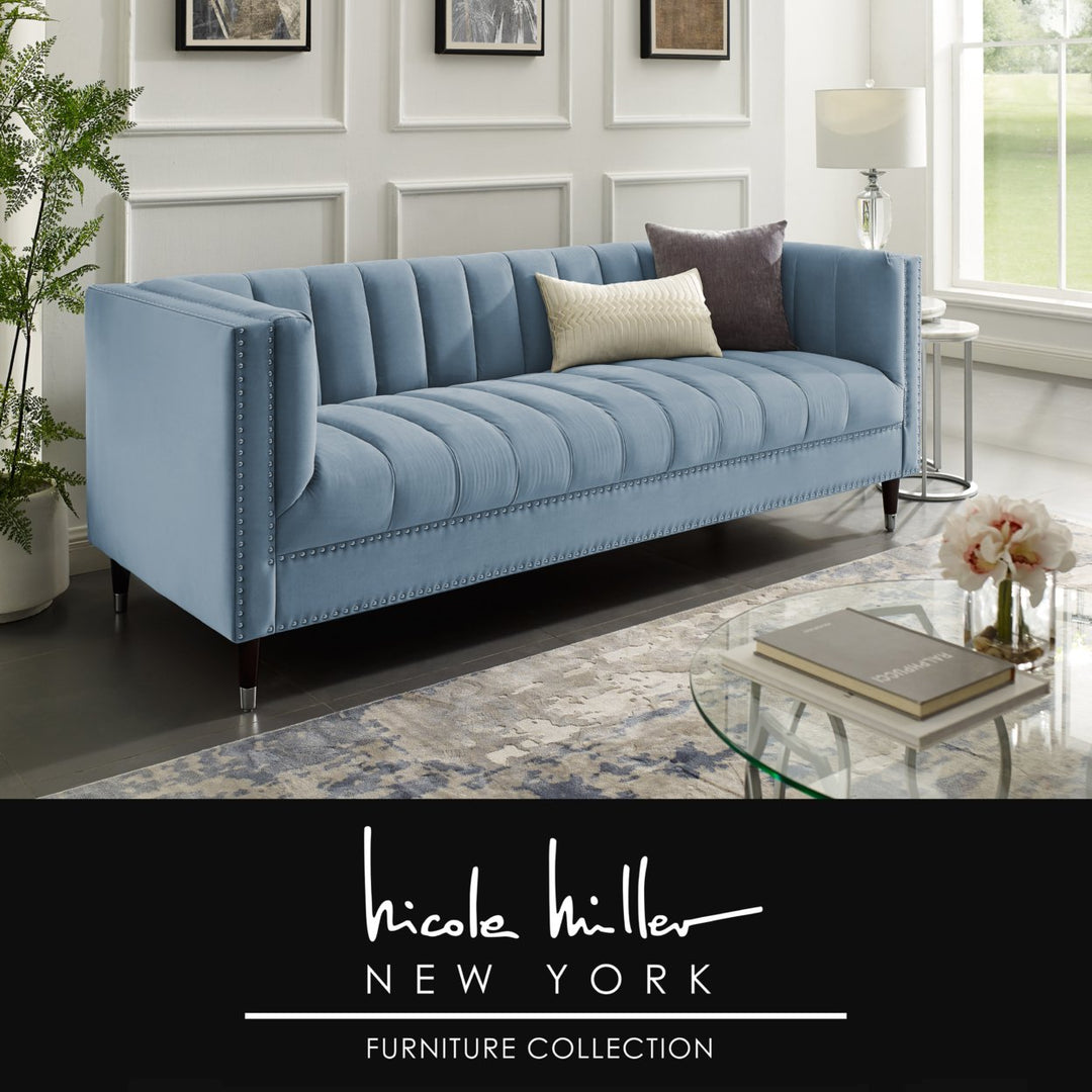 Geoffey Velvet Club Chair or Sofa-Channel Tufted-Nailhead Trim-Metal Tip Legs-By Nicole Miller Image 1