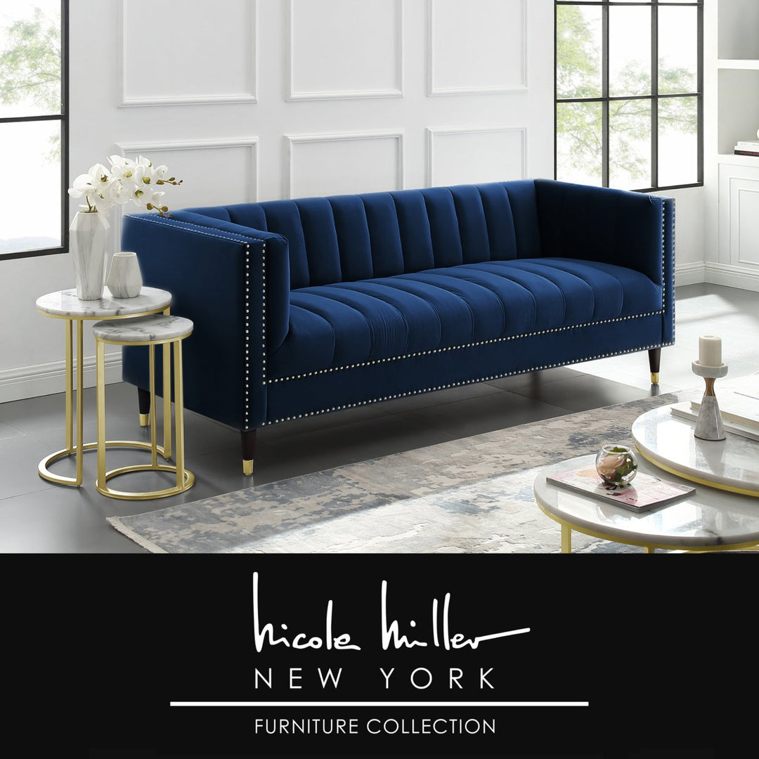 Geoffey Velvet Club Chair or Sofa-Channel Tufted-Nailhead Trim-Metal Tip Legs-By Nicole Miller Image 8