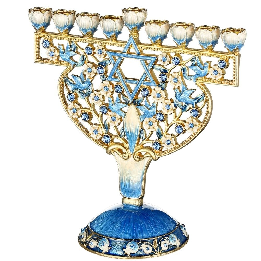 Hand Painted Enamel Menorah Candelabra with Doves and Flowers Design Embellished with Gold Accents and fine Crystals Image 3