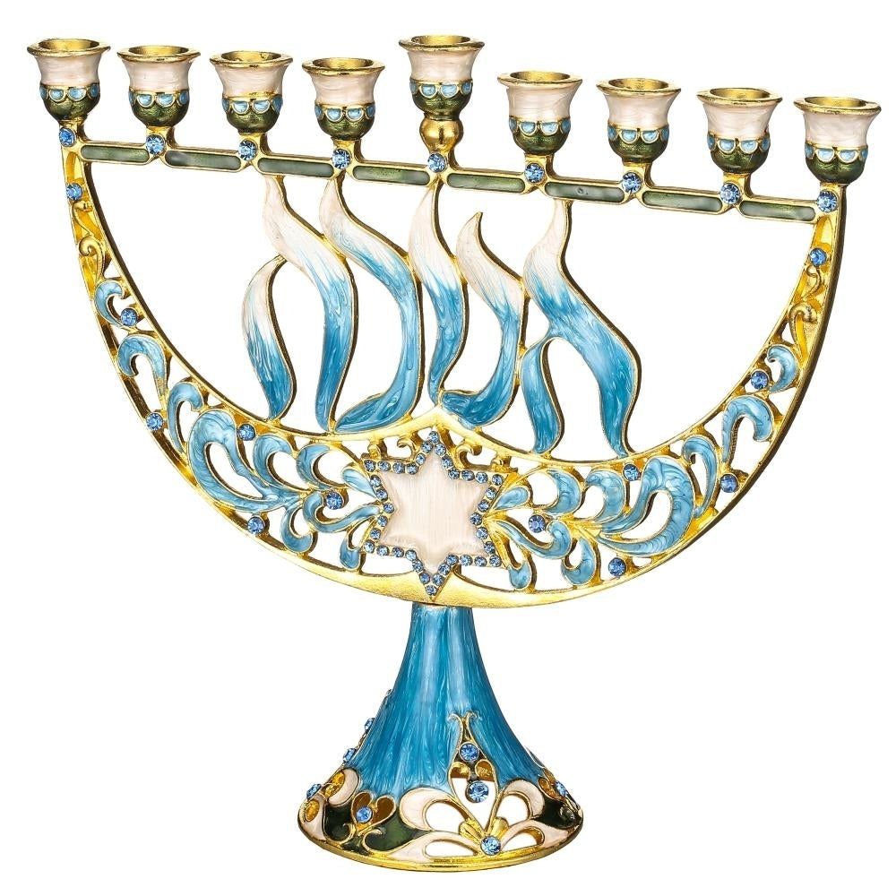 Hand Painted Enamel Menorah Candelabra with a Star of David and Hebrew "Hanukkah" Design and Embellished with Gold Image 3