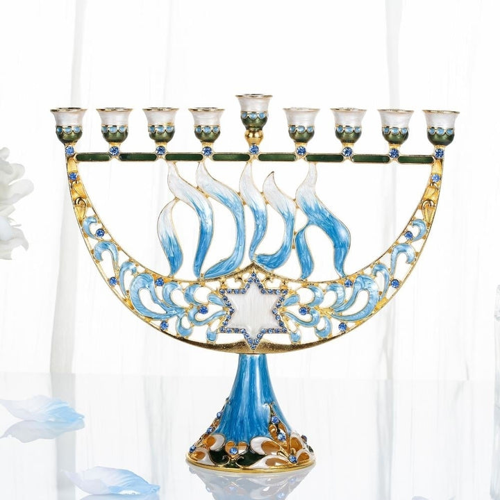 Hand Painted Enamel Menorah Candelabra with a Star of David and Hebrew "Hanukkah" Design and Embellished with Gold Image 5