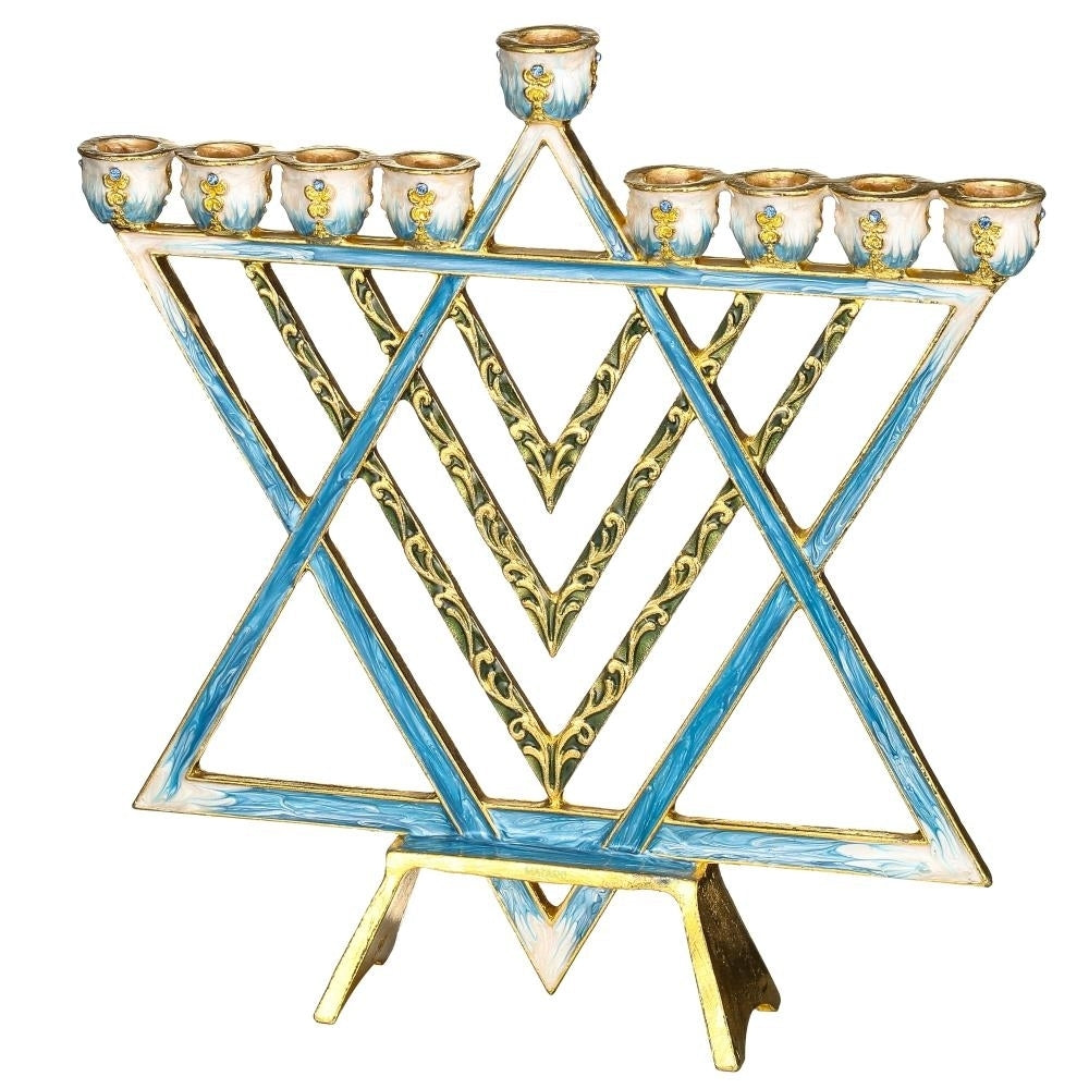 Hand Painted Blue Enamel Menorah Candelabra with a Star of David Design Embellished with Gold Accents -Crystals by Image 3