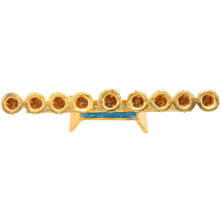 Hand Painted Blue Enamel Menorah Candelabra with a Star of David Design Embellished with Gold Accents -Crystals by Image 4