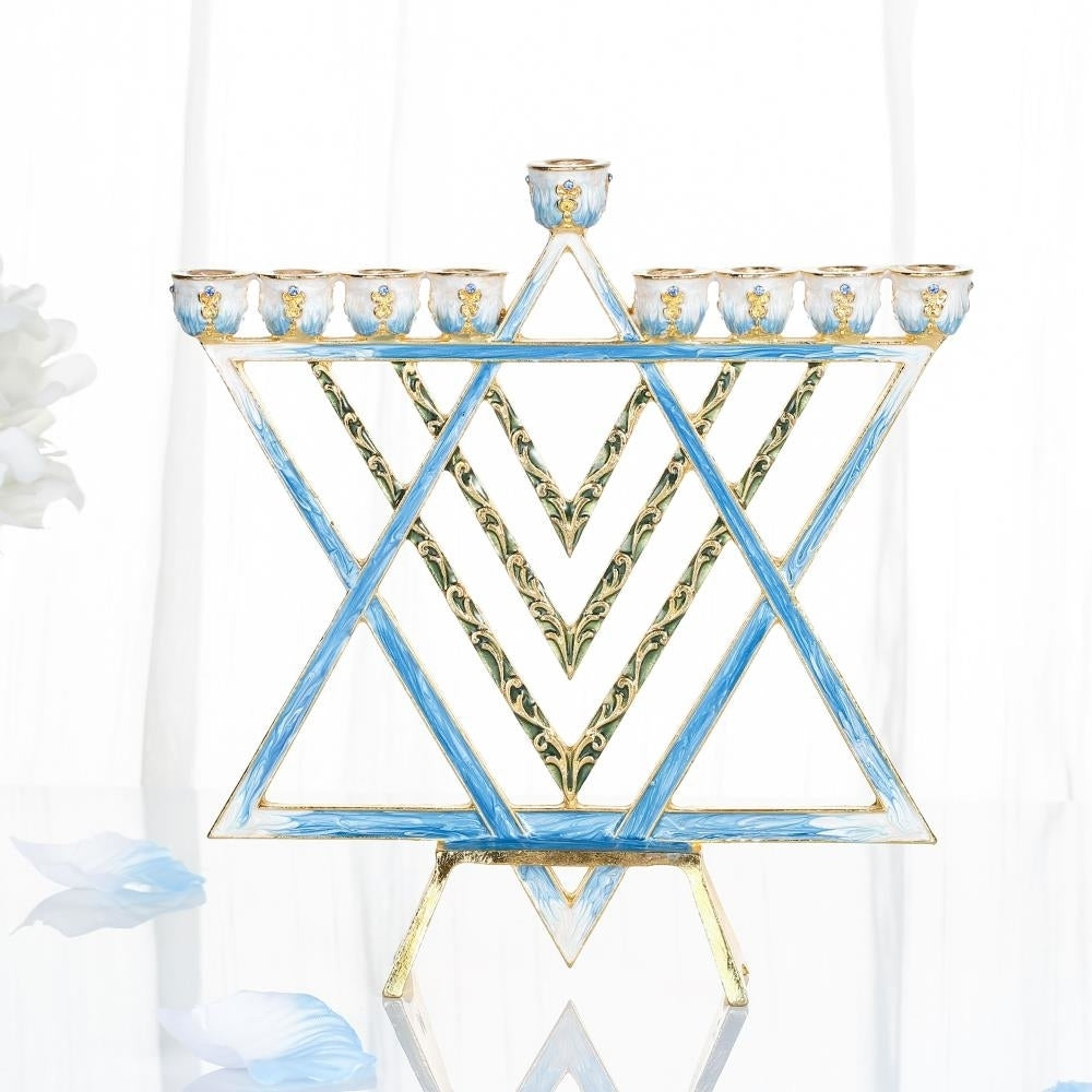 Hand Painted Blue Enamel Menorah Candelabra with a Star of David Design Embellished with Gold Accents -Crystals by Image 5