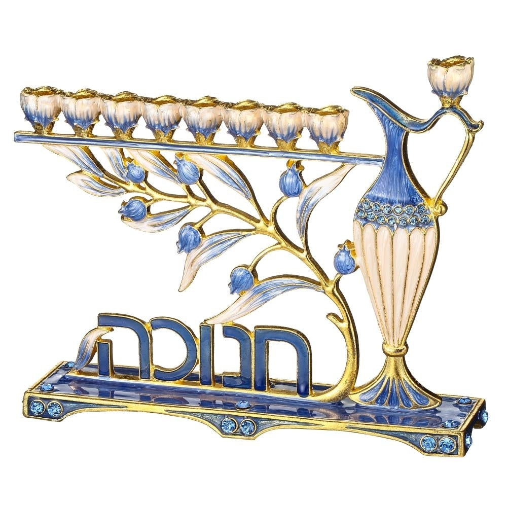 Hand Painted Blue Enamel Menorah Candelabra with Hebrew "Hanukkah" Design and Embellished with Gold Accents Image 3