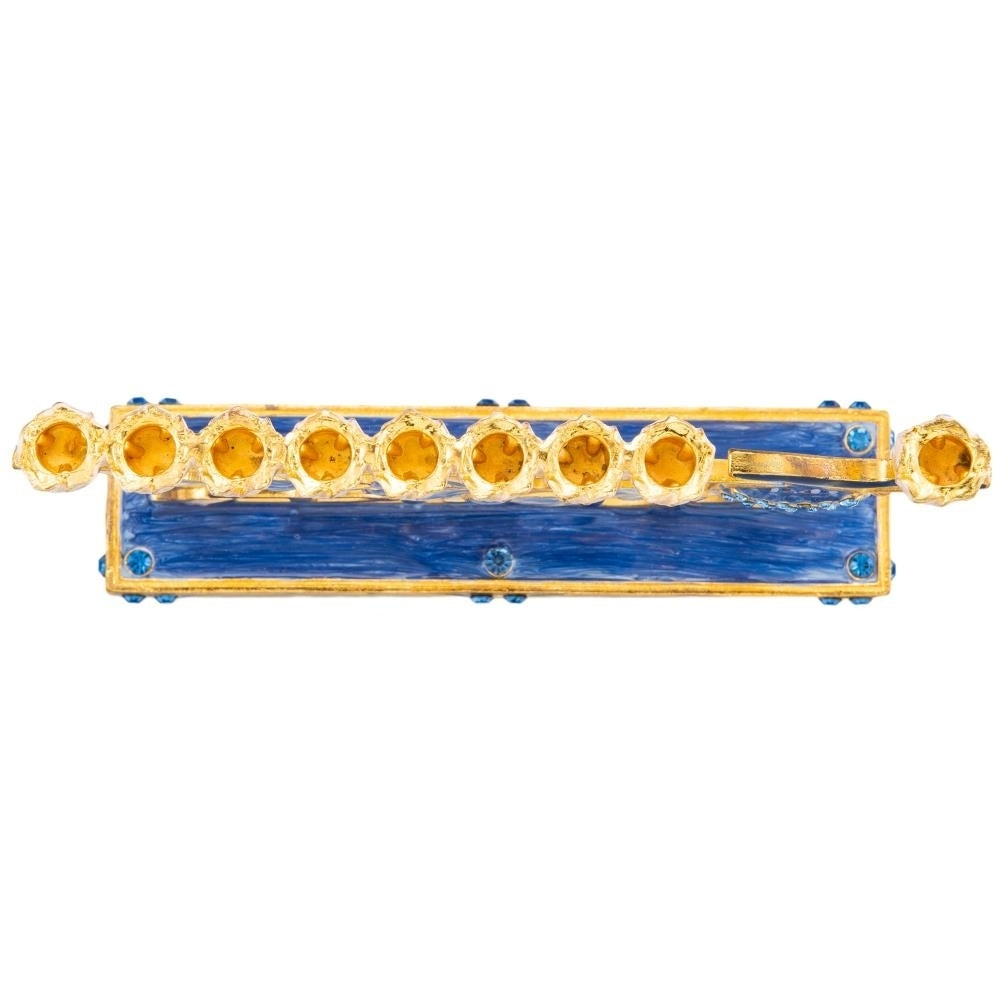 Hand Painted Blue Enamel Menorah Candelabra with Hebrew "Hanukkah" Design and Embellished with Gold Accents Image 4