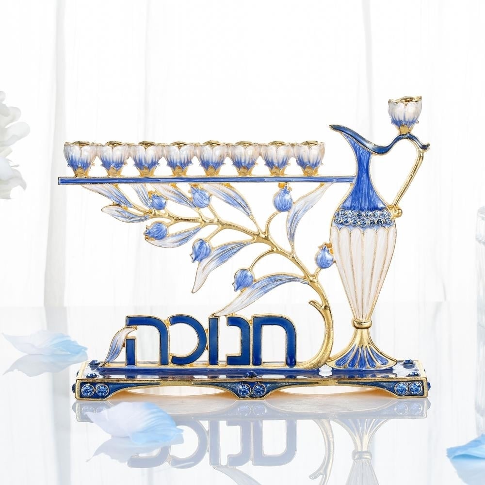 Hand Painted Blue Enamel Menorah Candelabra with Hebrew "Hanukkah" Design and Embellished with Gold Accents Image 5