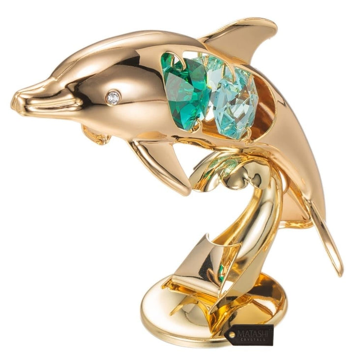 24K Gold Plated Crystal Studded Dolphin Riding Wave Figurine Ornament by Matashi Image 4