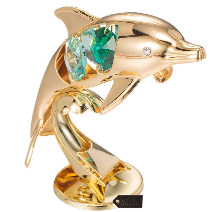 24K Gold Plated Crystal Studded Dolphin Riding Wave Figurine Ornament by Matashi Image 5