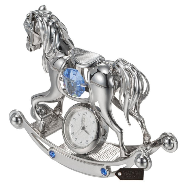 Chrome Plated Crystal Studded Silver Rocking Horse Desk Clock Ornament by Matashi Image 3