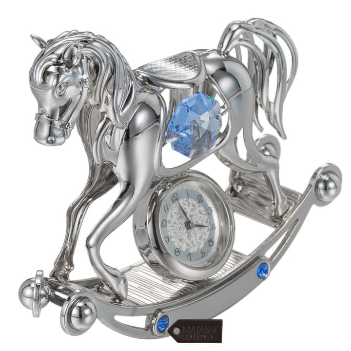 Chrome Plated Crystal Studded Silver Rocking Horse Desk Clock Ornament by Matashi Image 5