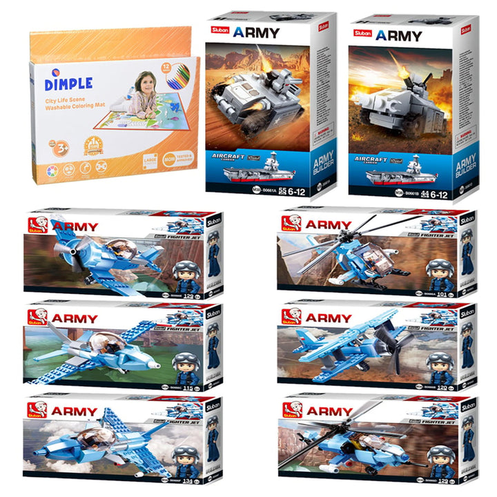 Sluban Kids Army Helicopter 827 Pcs and Dimple Kids Small Washable Coloring Play Mat Image 1