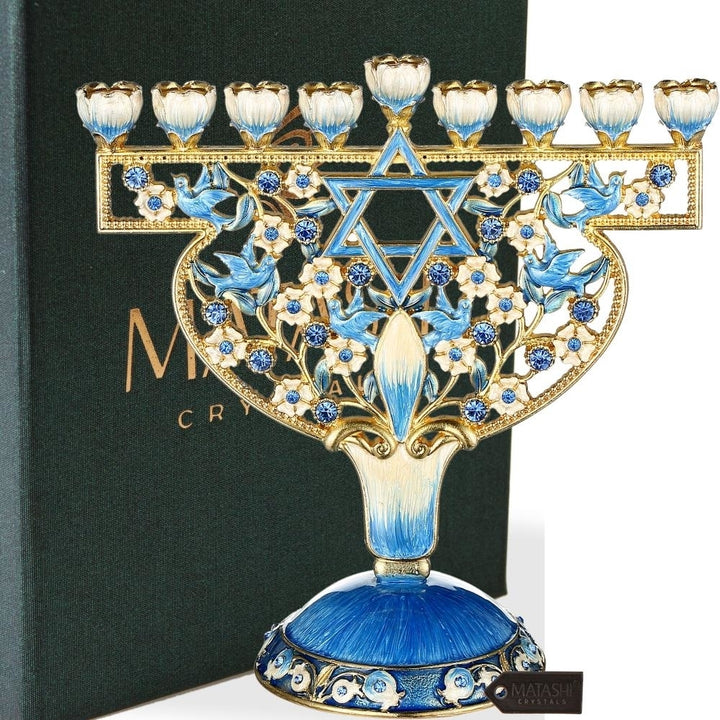 Hand Painted Enamel Menorah Candelabra with Doves and Flowers Design Embellished with Gold Accents and fine Crystals Image 1