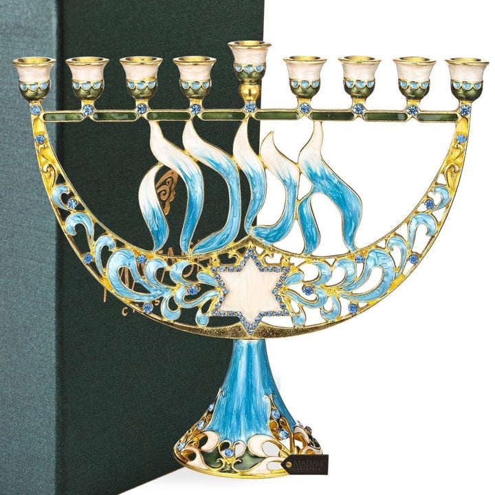 Hand Painted Enamel Menorah Candelabra with a Star of David and Hebrew "Hanukkah" Design and Embellished with Gold Image 1