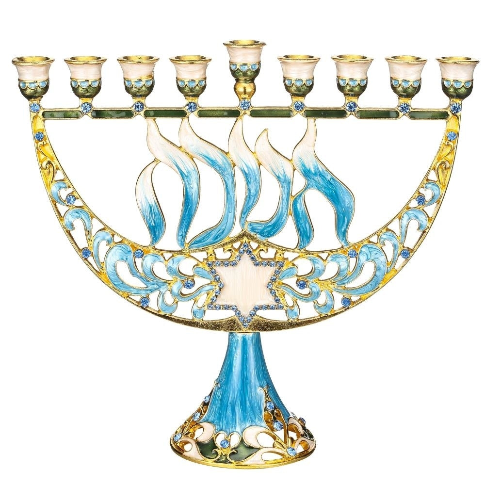 Hand Painted Enamel Menorah Candelabra with a Star of David and Hebrew "Hanukkah" Design and Embellished with Gold Image 2