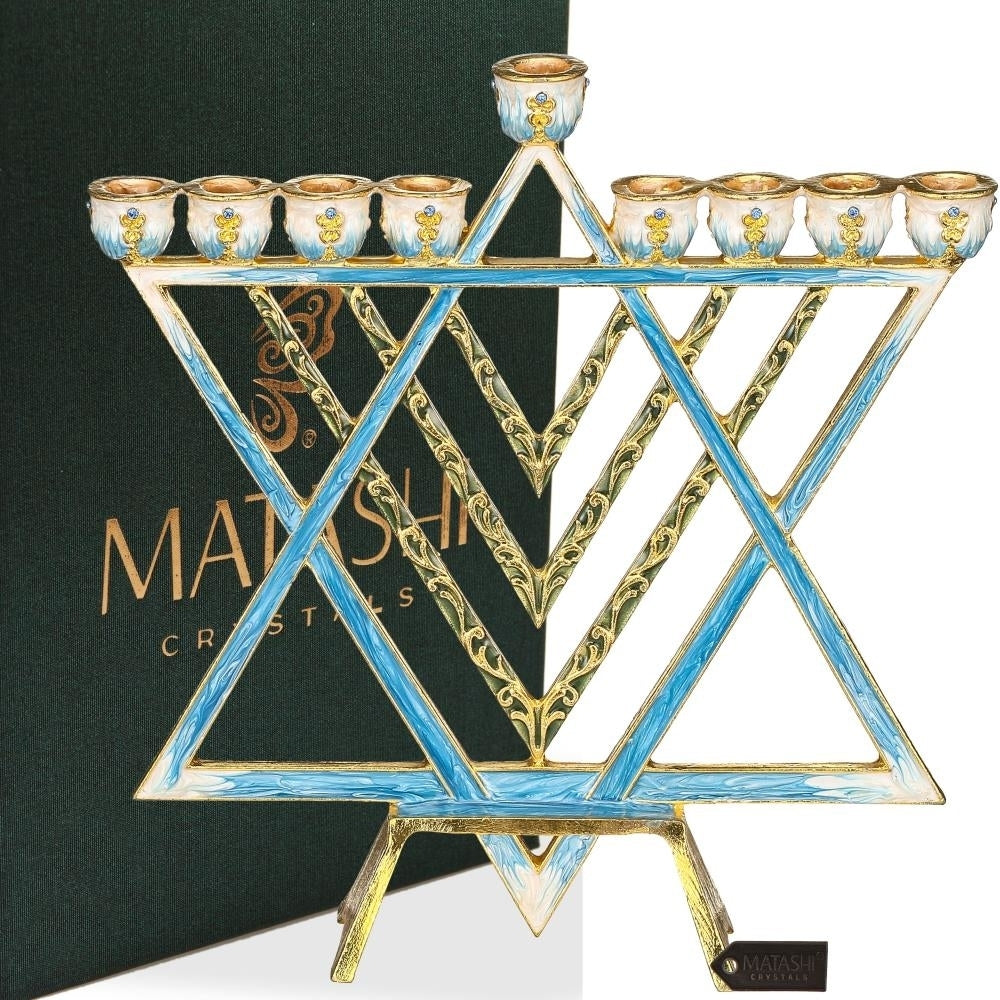 Hand Painted Blue Enamel Menorah Candelabra with a Star of David Design Embellished with Gold Accents -Crystals by Image 1