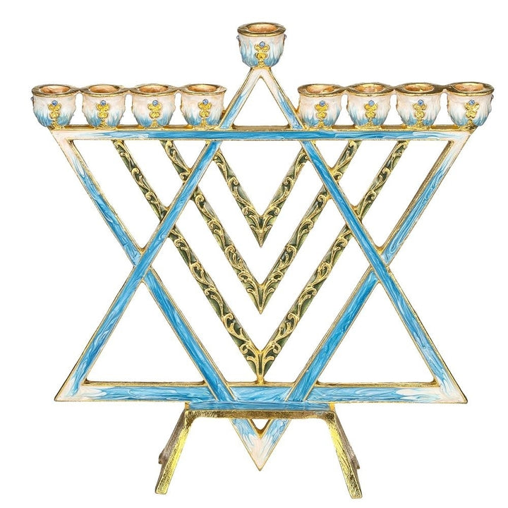 Hand Painted Blue Enamel Menorah Candelabra with a Star of David Design Embellished with Gold Accents -Crystals by Image 2