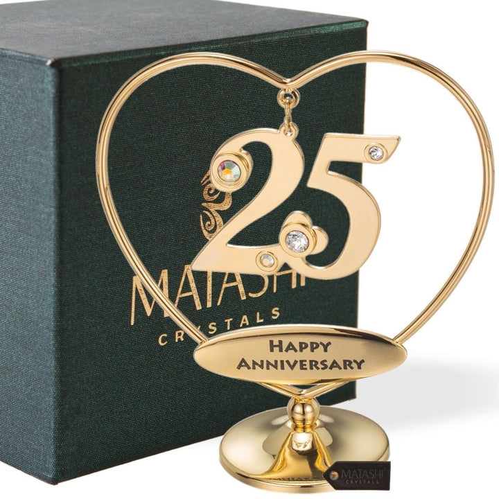 Matashi 24K Gold Plated Beautiful 25th "Happy Anniversary" Heart Table Top Ornament Made with Genuine Matashi Crystals Image 1