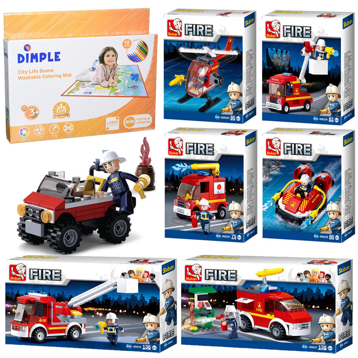 Sluban Kids Fire Truck Fire Jeep Fire Truck Bucket Truck Fire Boat 653 Pcs and Dimple Kids Small Washable Coloring Play Image 1