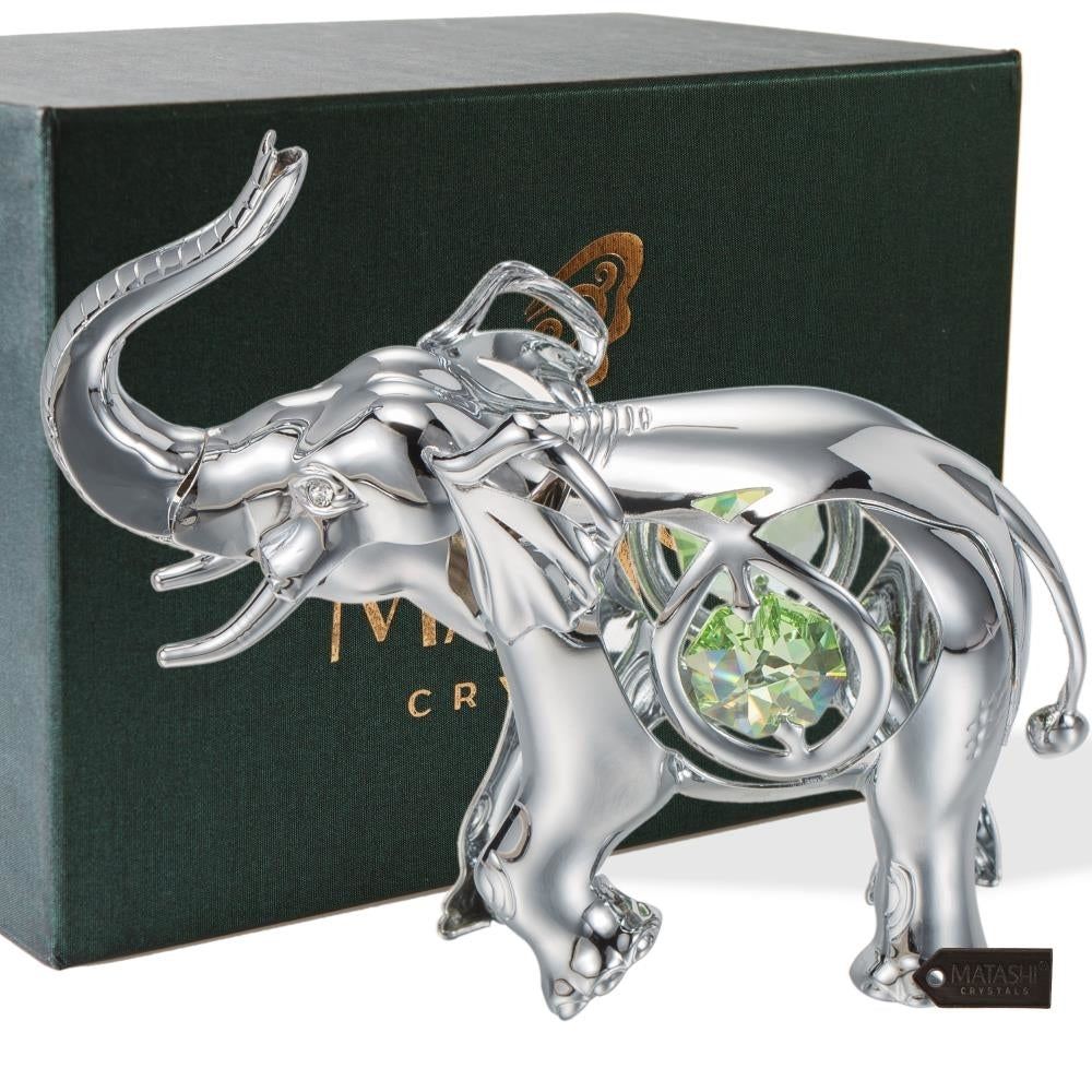 Matashi Chrome Plated Silver Elephant with Open Mouth Ornament with Mint Green and Clear-Cut Crystals Image 1