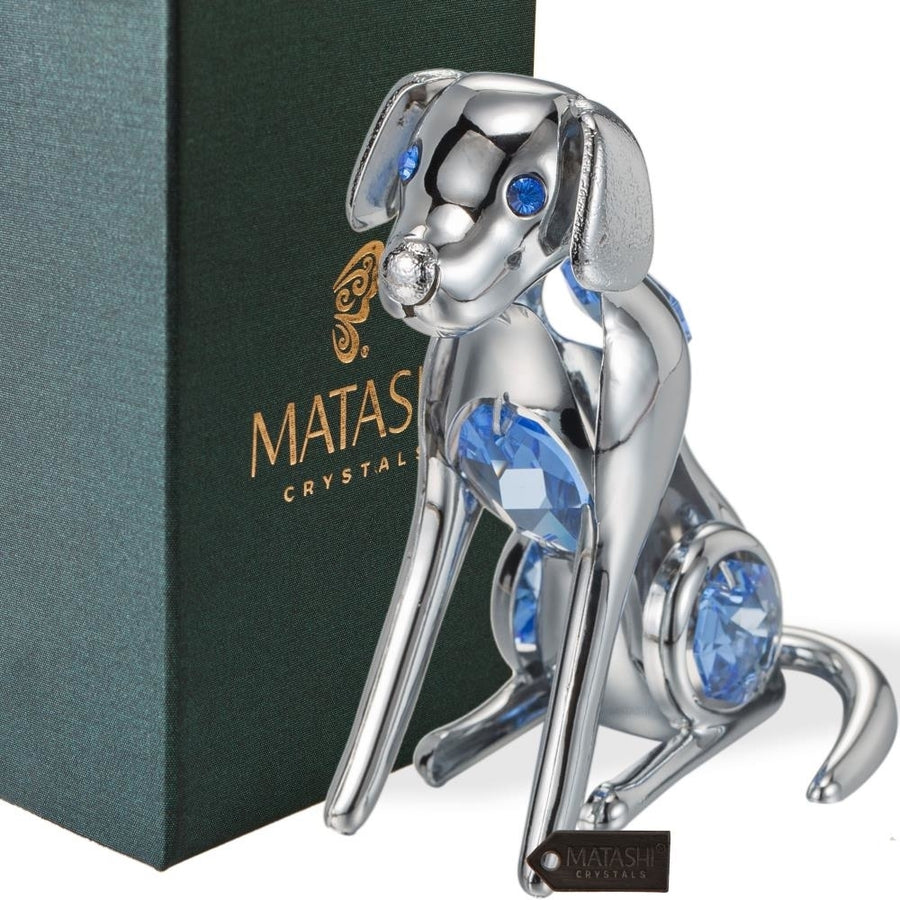 Matashi Chrome Plated Silver Dog with Blue Crystals Image 1