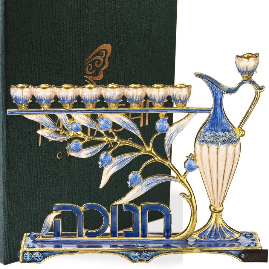 Hand Painted Blue Enamel Menorah Candelabra with Hebrew "Hanukkah" Design and Embellished with Gold Accents Image 1